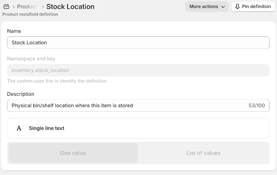 Product/variant metafield with relevant fields filled in