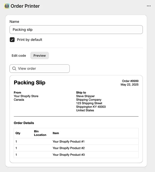 Packing slip with bin locations example