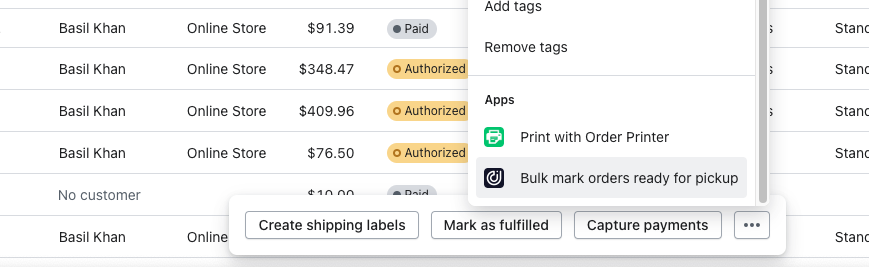 Bulk mark orders ready for pickup action