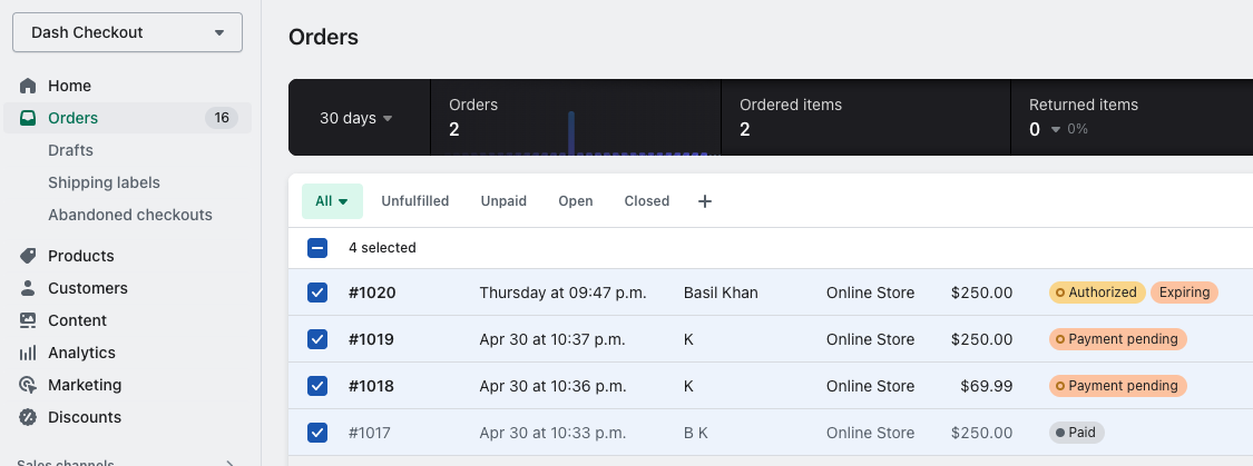 Bulk select orders in Shopify admin
