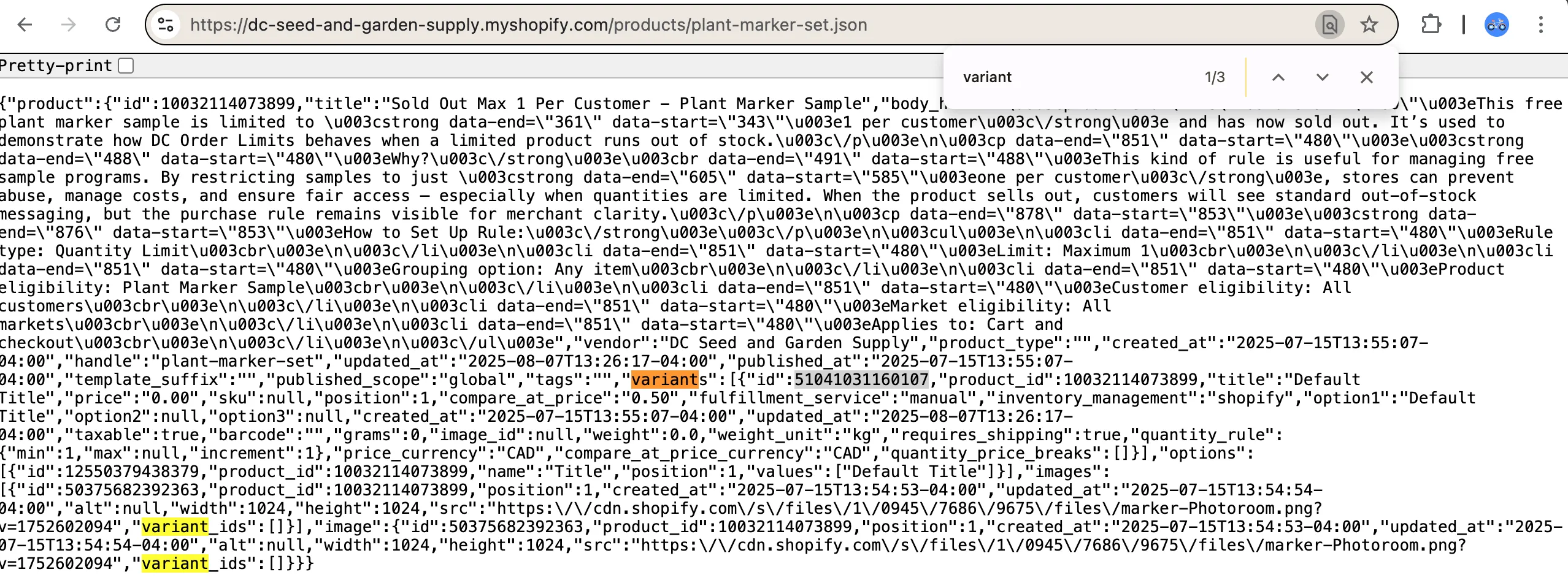 Finding variant ID in JSON