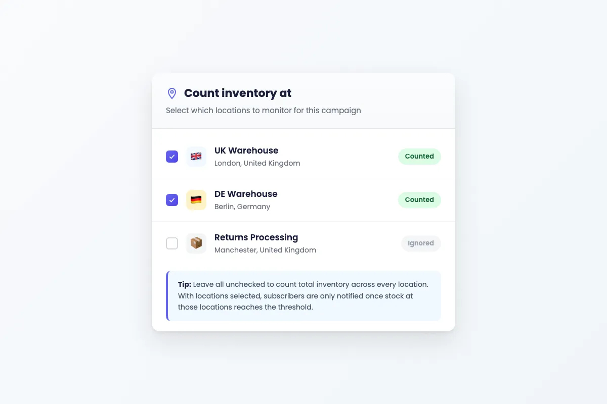 Location picker showing UK and DE warehouses selected with Returns Processing ignored