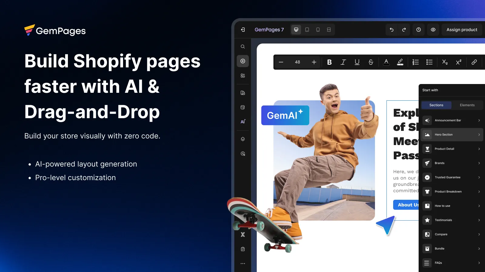 GemPages Landing Page Builder interface
