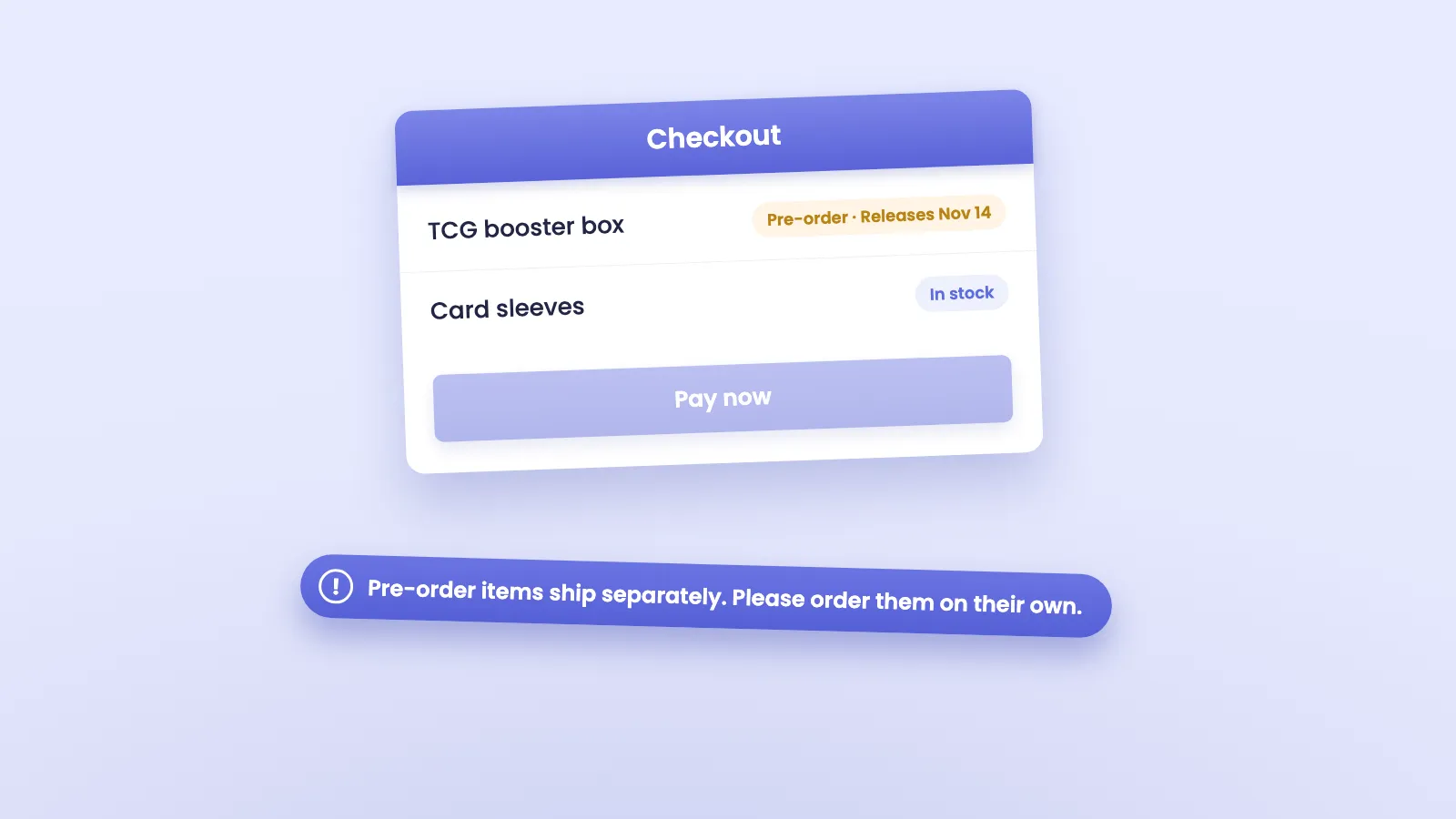 Checkout blocked with a message asking the customer to order pre-order items separately