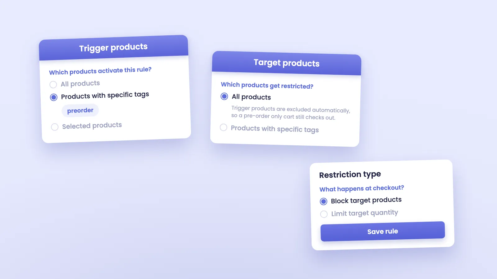 Mixed cart limit setup: trigger products by tag, target all products, block restriction