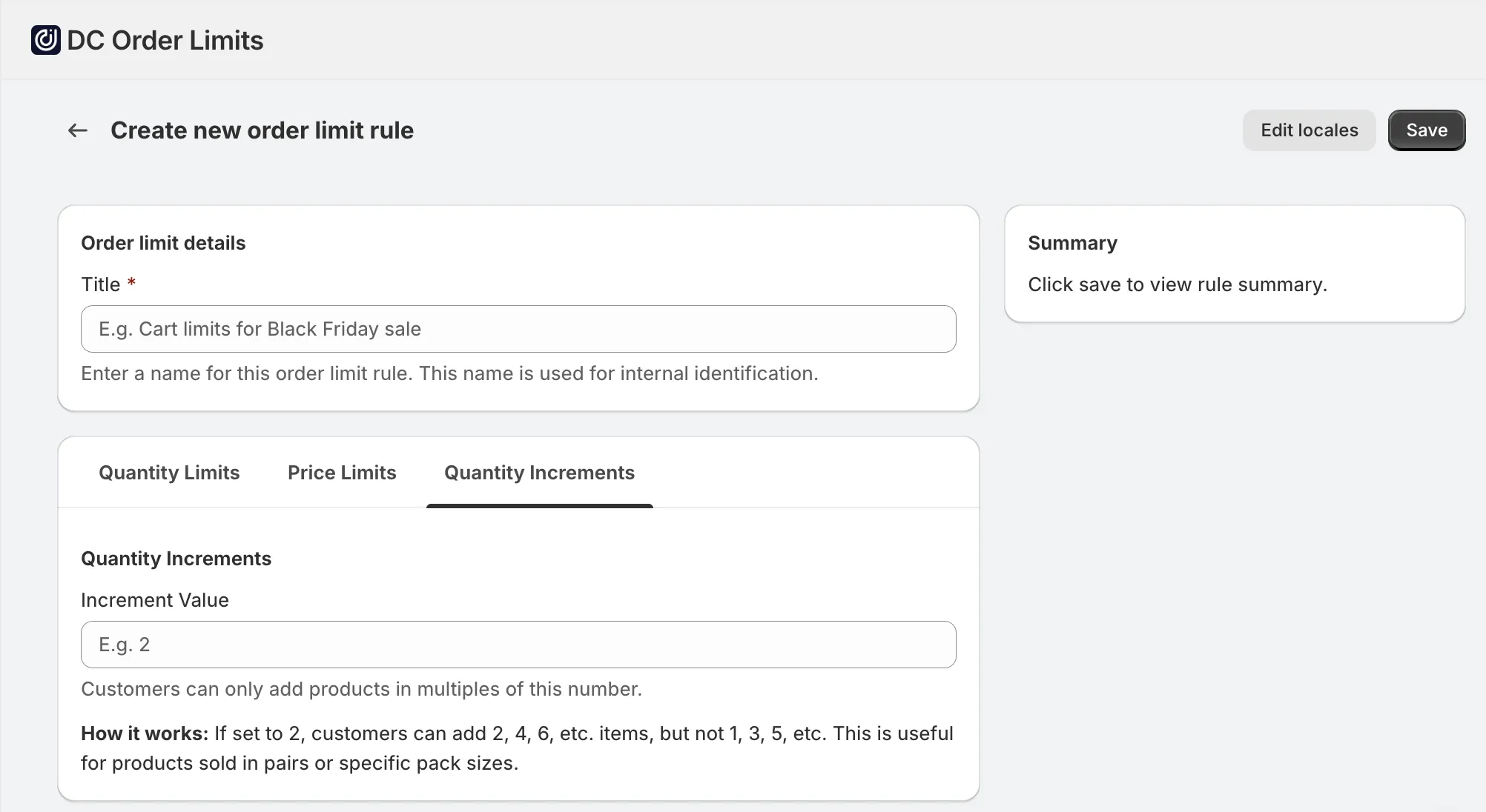 Create new order limit rule page