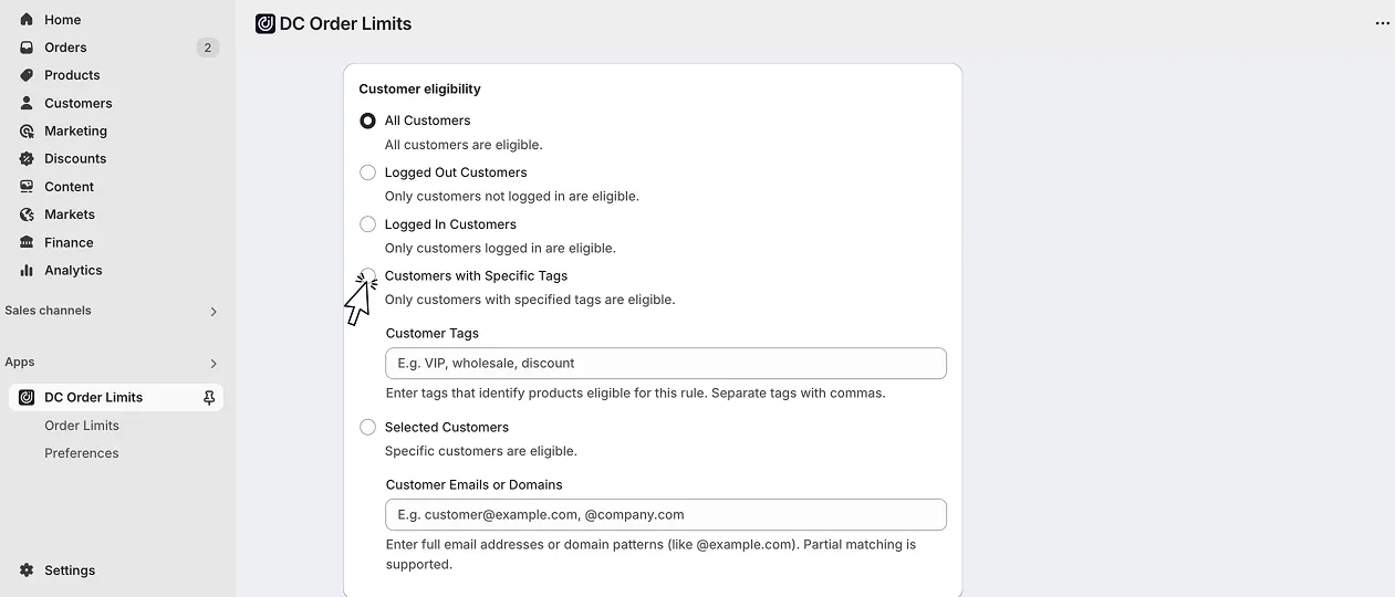 Customer tags interface screenshot