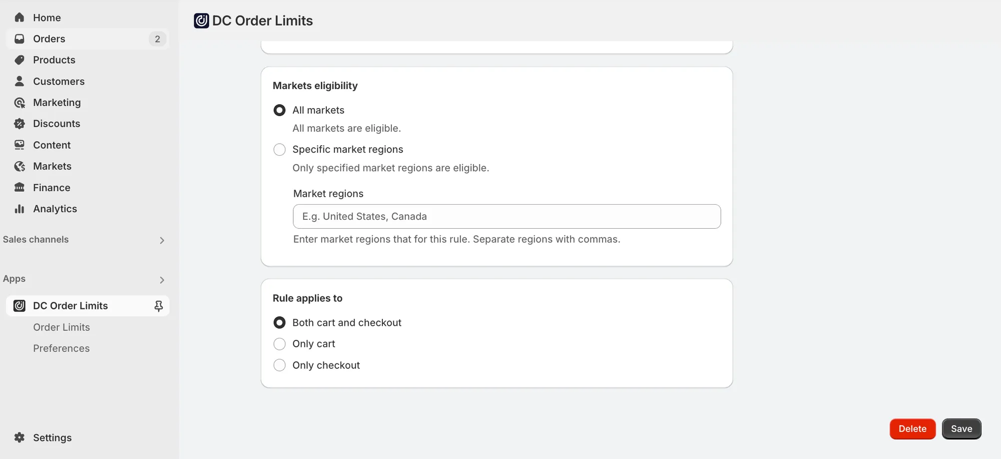 DC Order Limits interface screenshot
