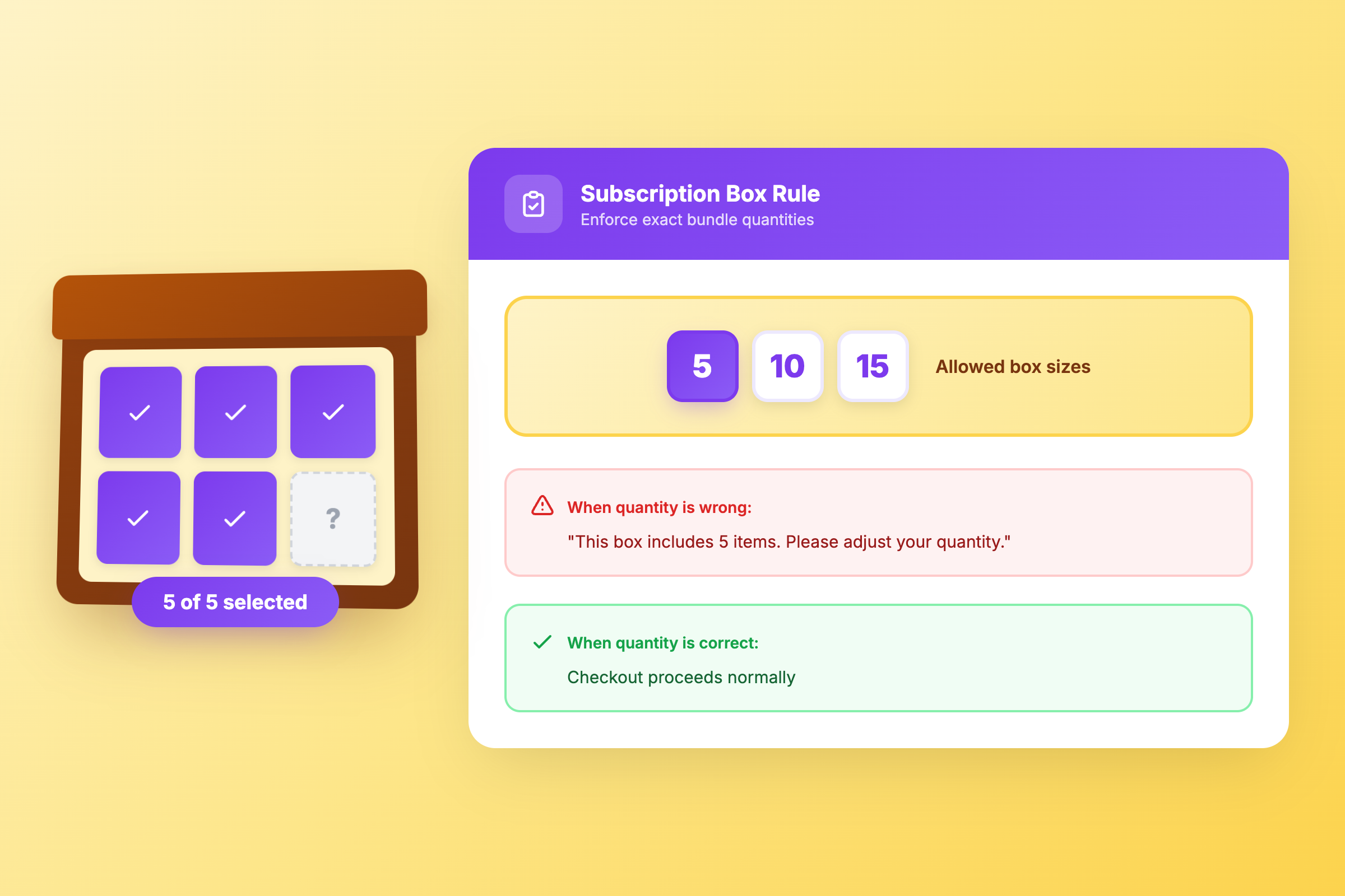 Learn how to enforce "pick 5" or "choose 12" quantities for subscription boxes on Shopify using allowed quantity rules and clear error messages.